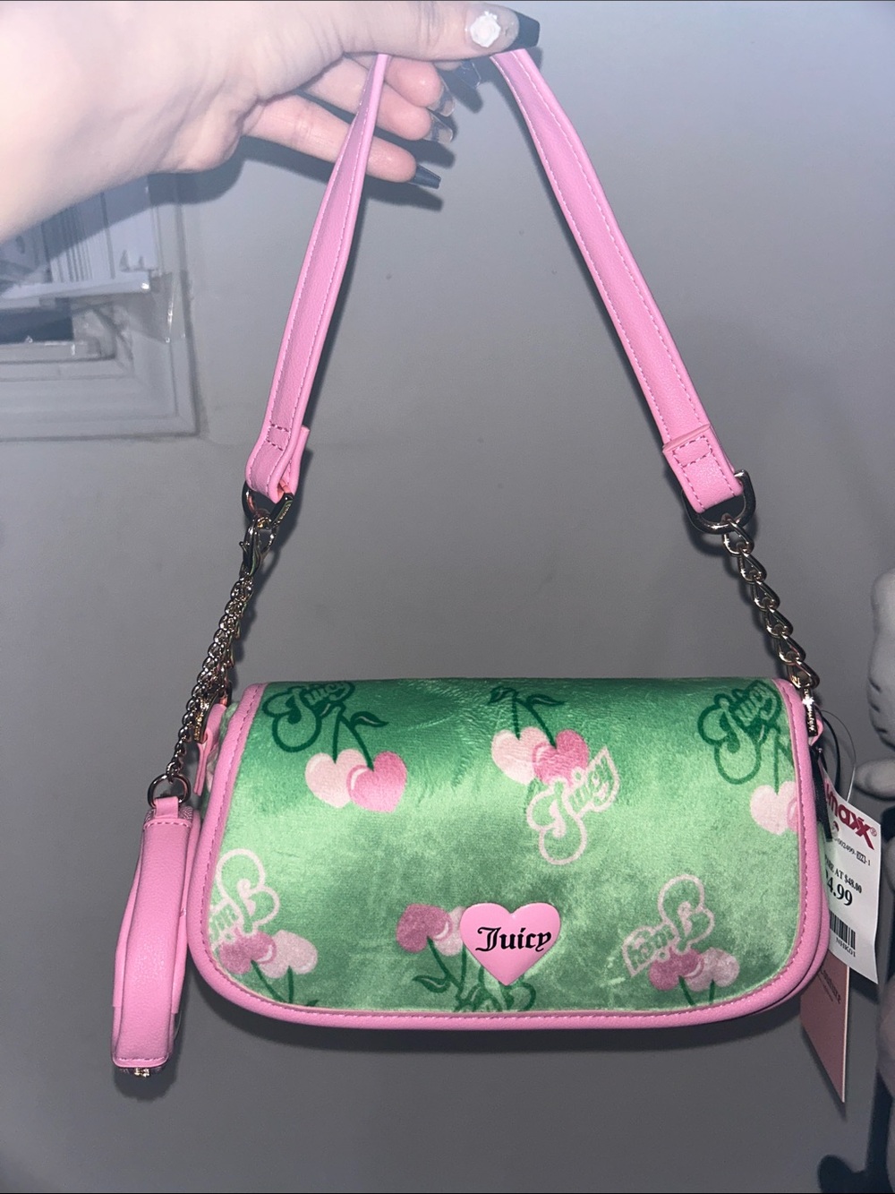 Juicy Couture Green Velvet Cherry Shoulder Bag with Pink Trim